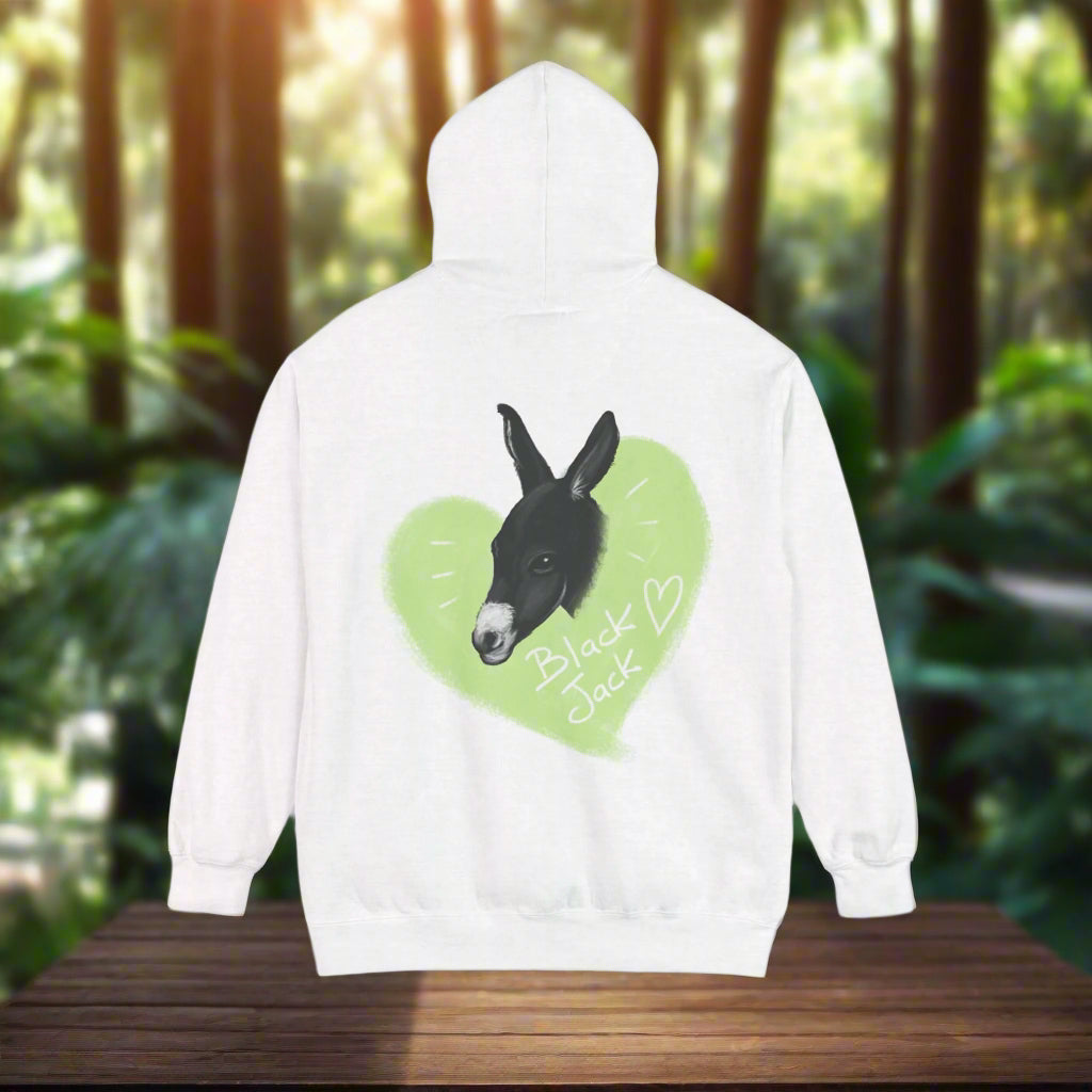 A donkey featuring the words "Black Jack" prominently displayed on its side at Ocoee Riverside Farm Unisex Hoodie