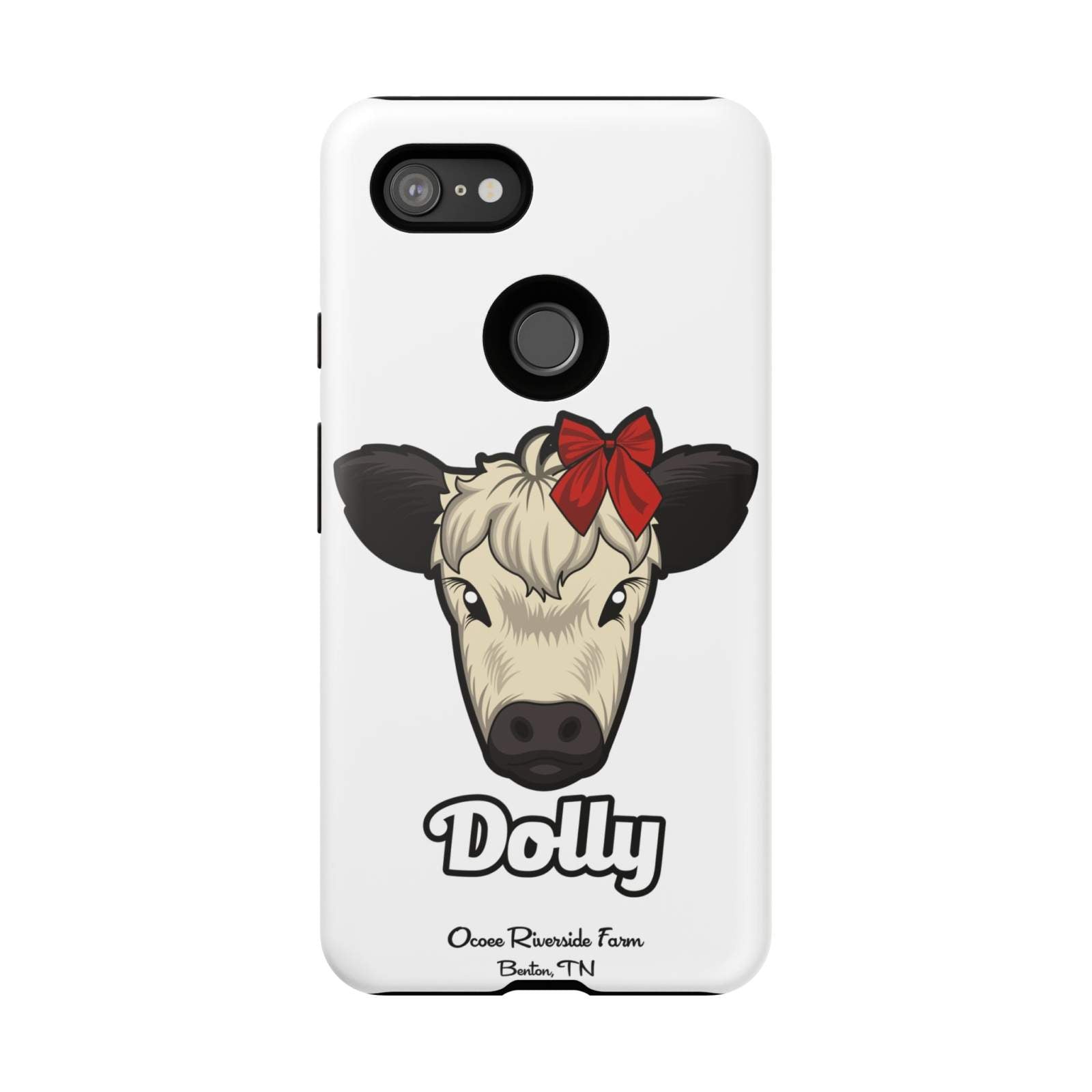 Farmhouse Chic Phone Case featuring Dolly the cow with a red bow, durable and protective design for rustic style phones