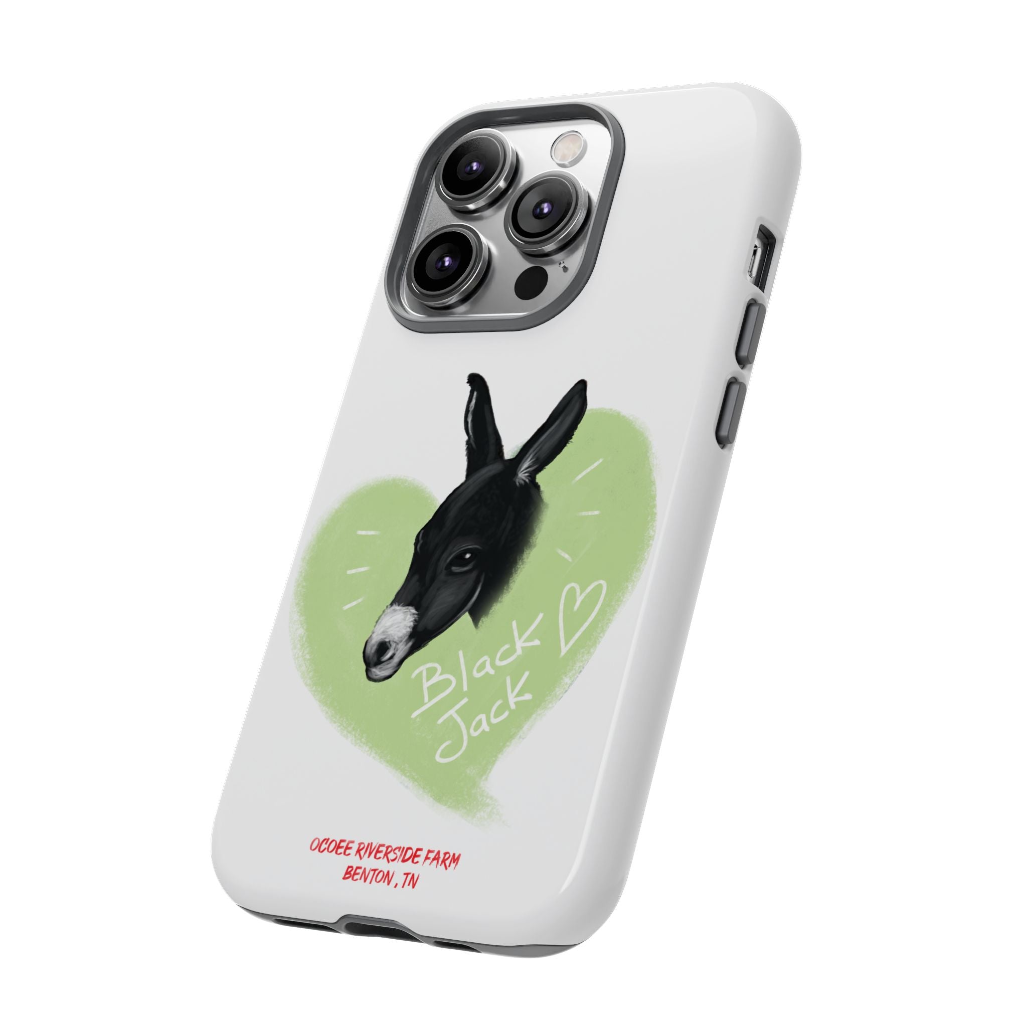 A donkey featuring the words "Black Jack" prominently displayed on its side at Ocoee Riverside Farm Phone Case