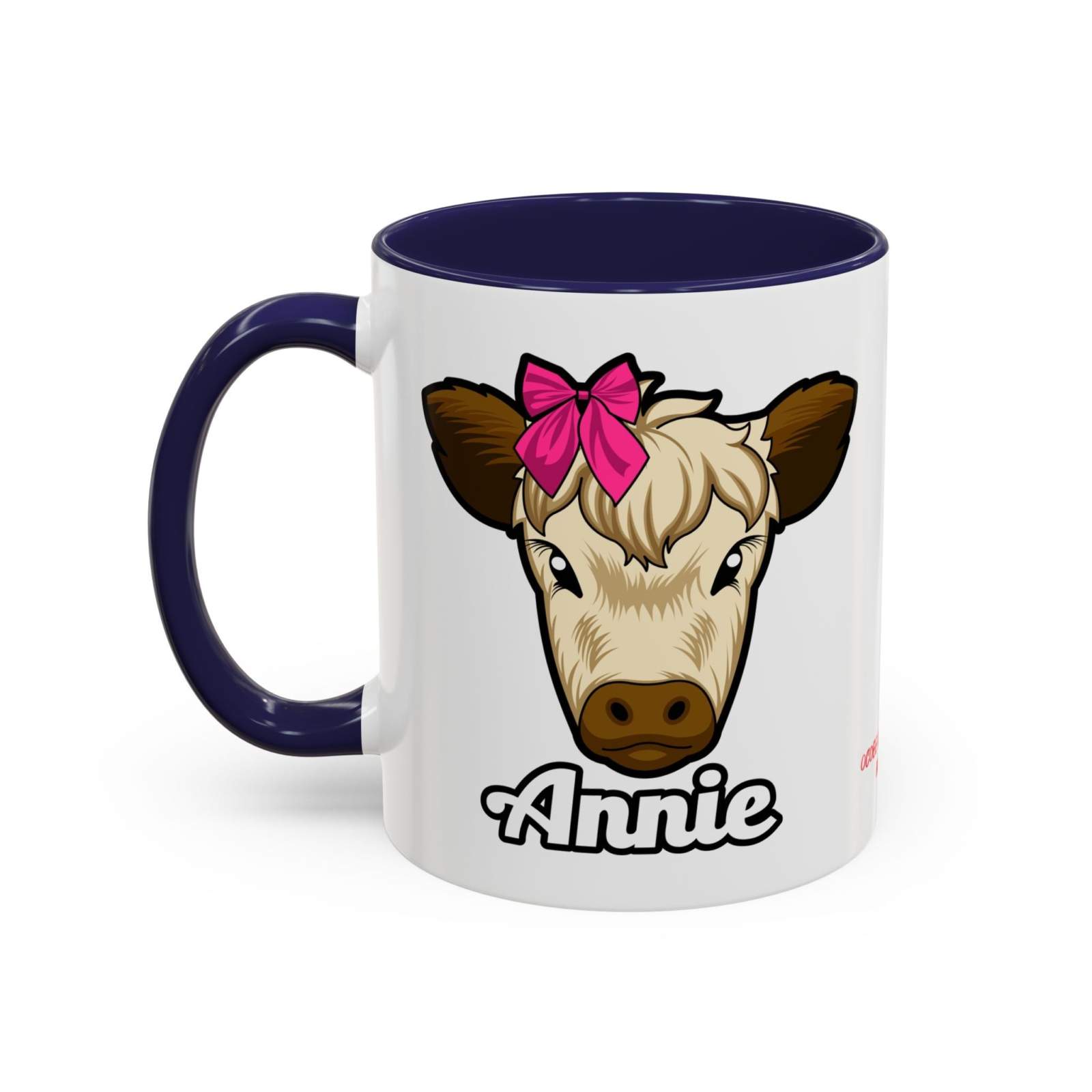 Farmhouse cow coffee mug with Annie and red bow design, ceramic mug for animal lovers.
