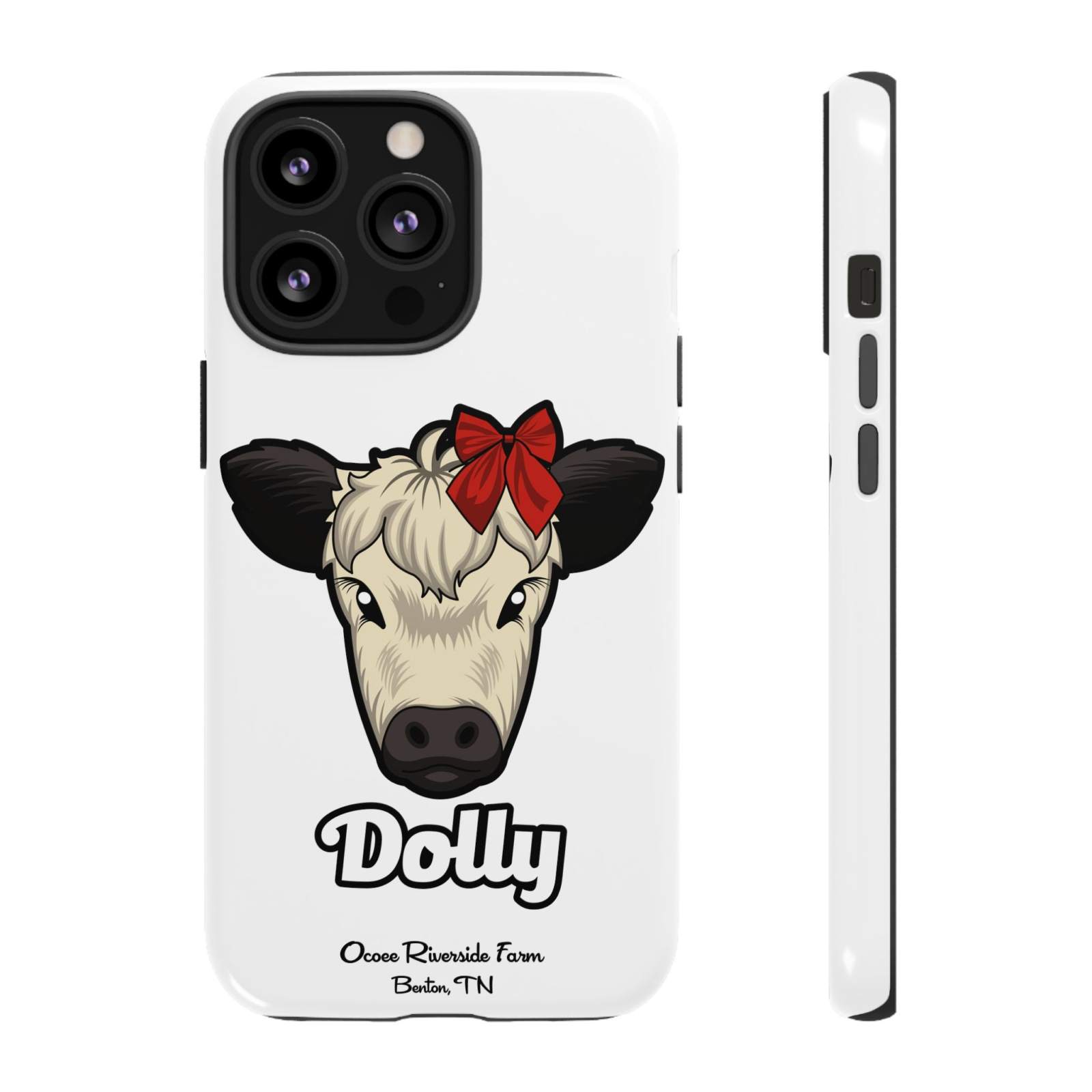 Farmhouse Chic Phone Case with adorable cow illustration named Dolly wearing a red bow, white background, durable and protective design.