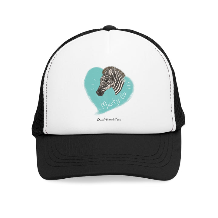 A zebra adorned with the word "Marty" creatively integrated into its stripes at Ocoee Riverside Farm Trucker Cap