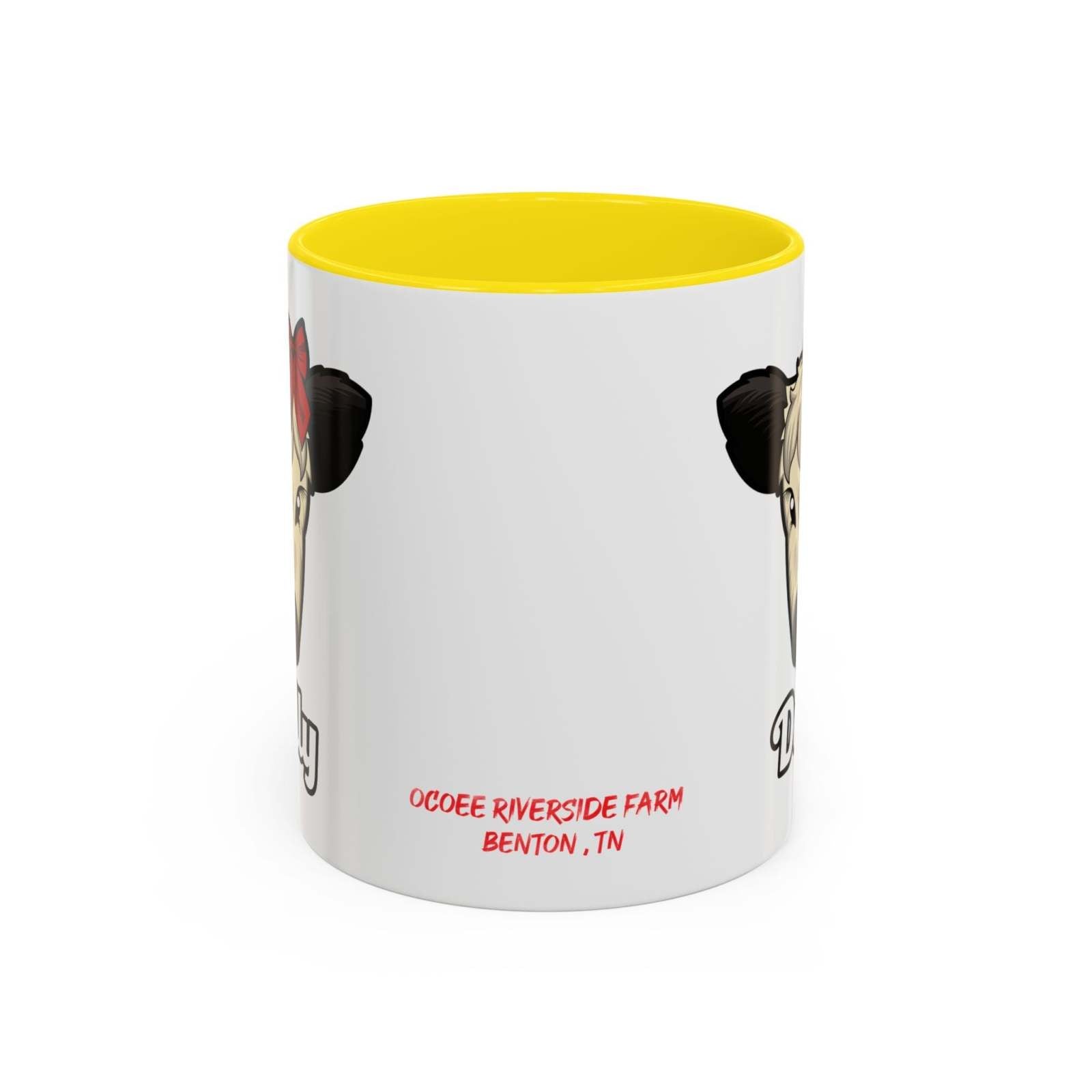 Farm Animal Coffee Mug featuring Dolly the Cute Cow with red bow, white ceramic with yellow interior, microwave and dishwasher safe.