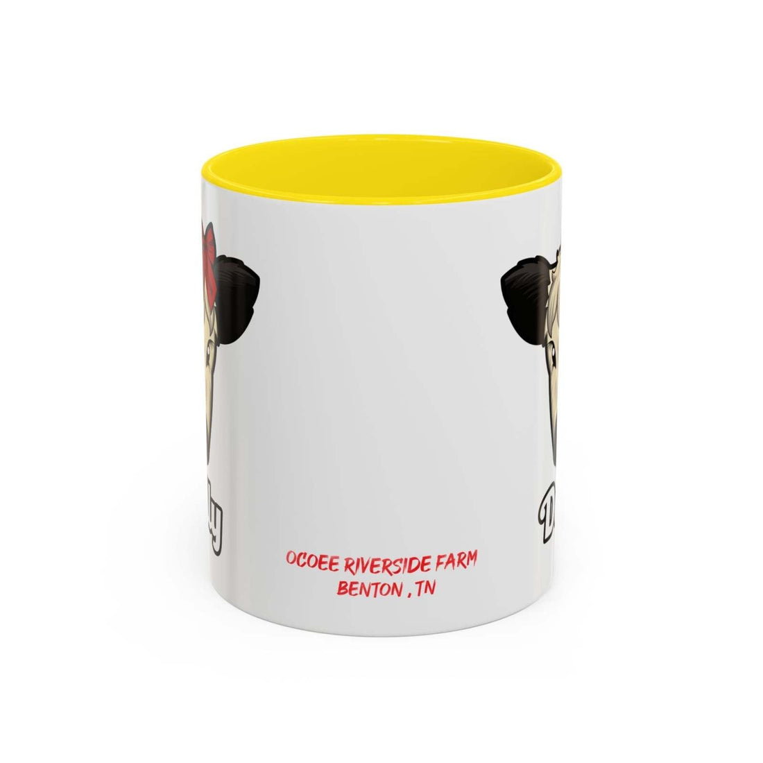 Farm Animal Coffee Mug featuring Dolly the Cute Cow with red bow, white ceramic with yellow interior, microwave and dishwasher safe.