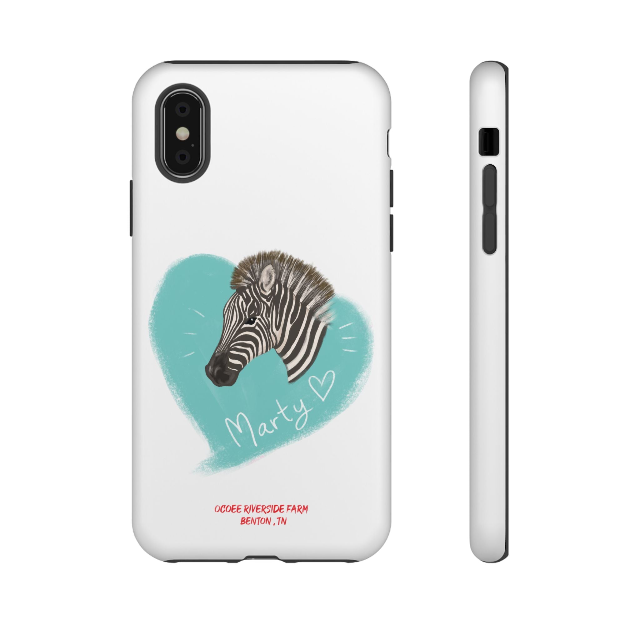 A zebra adorned with the word "Marty" creatively integrated into its stripes at Ocoee Riverside Farm Phone Case