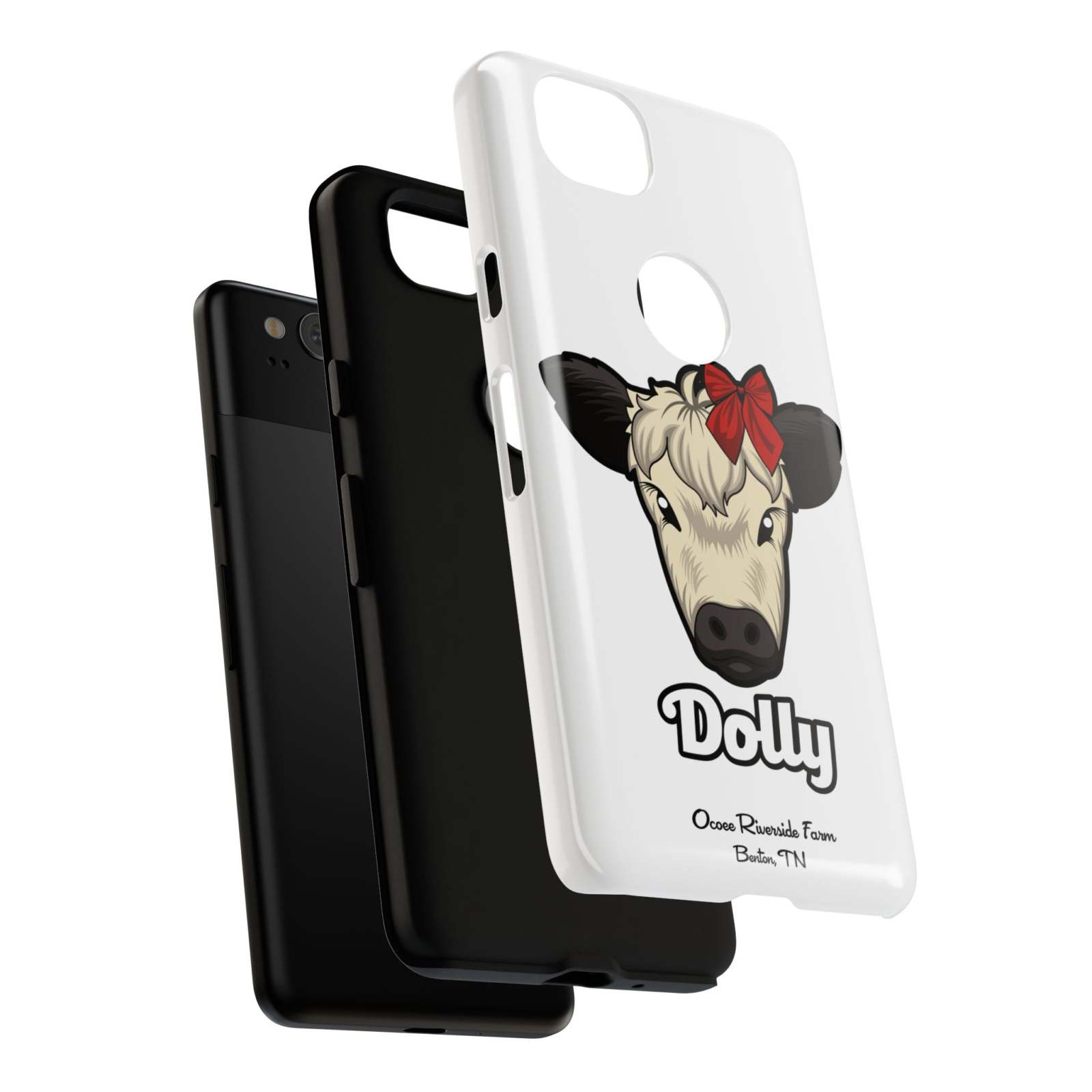 Farmhouse Chic Phone Case with Dolly the Red Bow Cow design, offering rustic charm and modern protection.