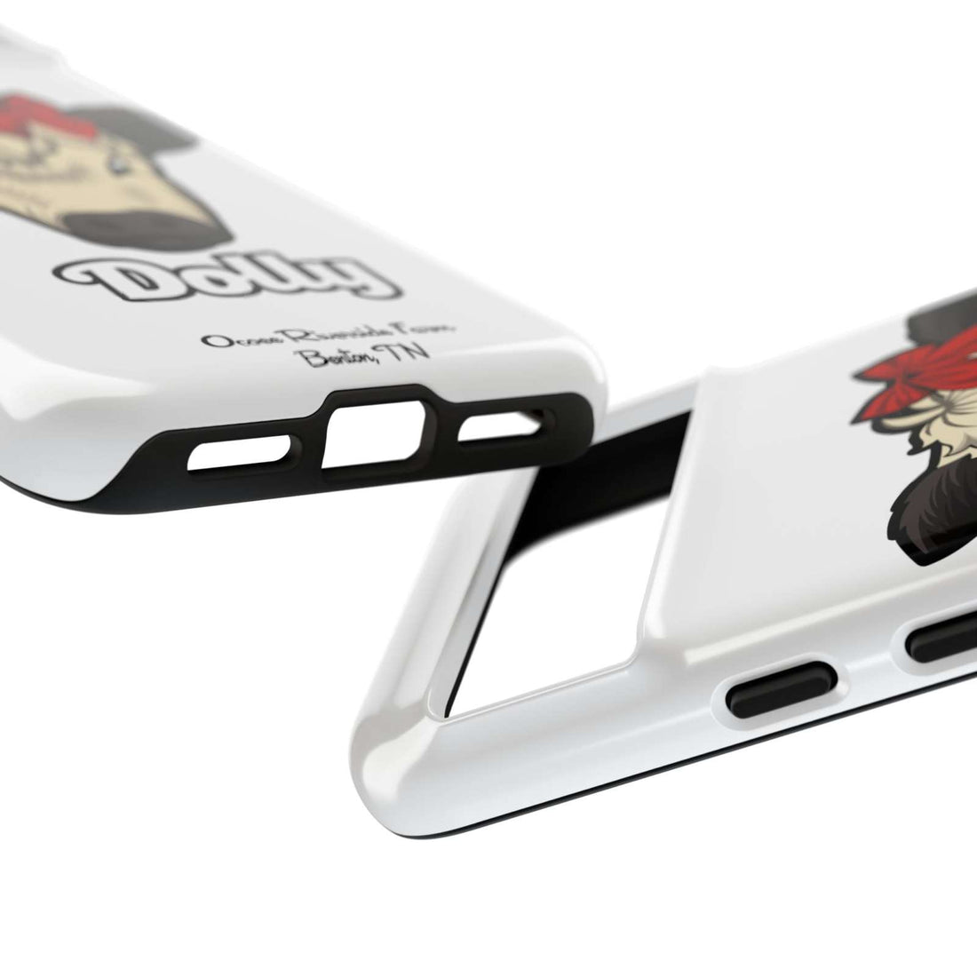 Farmhouse Chic Phone Case featuring Dolly the cow with red bow, rustic design.