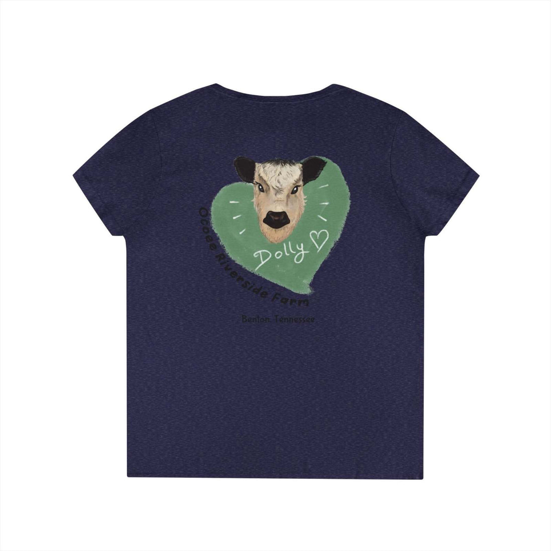 Navy Rustic Farm Style V-Neck women's t-shirt with cow graphic and heart design on the back, made of 100% cotton with ribbed collar and semi-fitted style