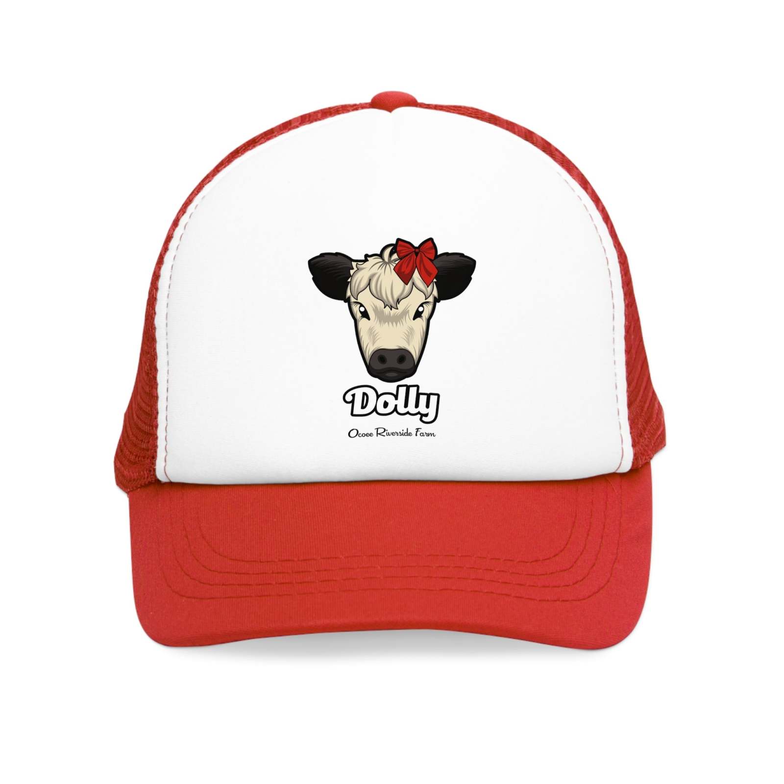 Rustic Farm Trucker Hat with Dolly cow face and red bow design on white front and red mesh back
