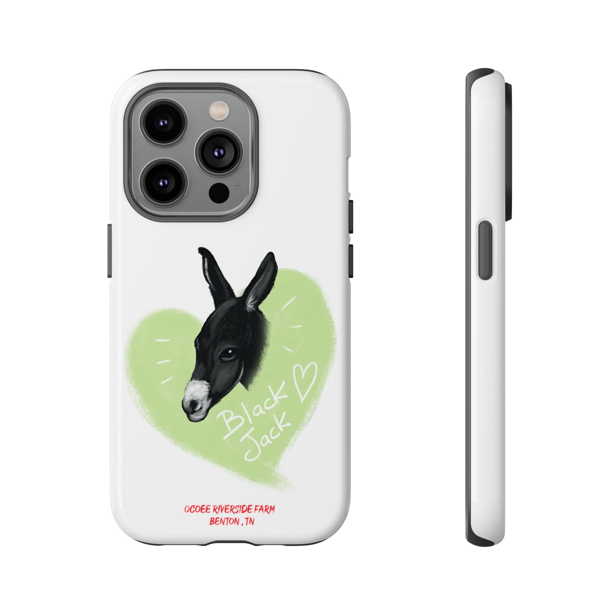 A donkey featuring the words "Black Jack" prominently displayed on its side at Ocoee Riverside Farm Phone Case