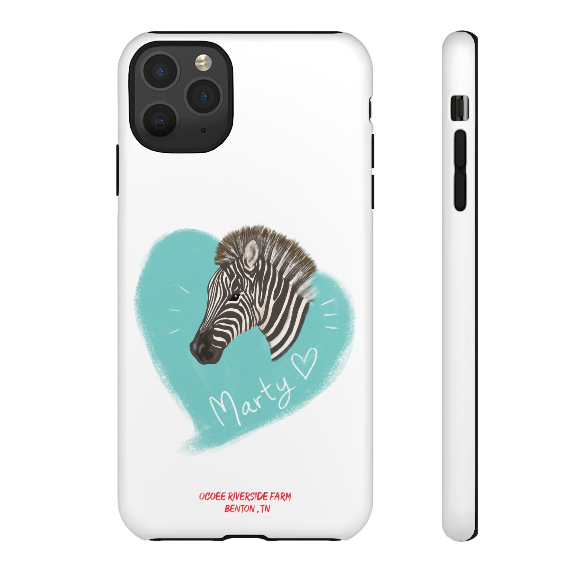 A zebra adorned with the word "Marty" creatively integrated into its stripes at Ocoee Riverside Farm Phone Case