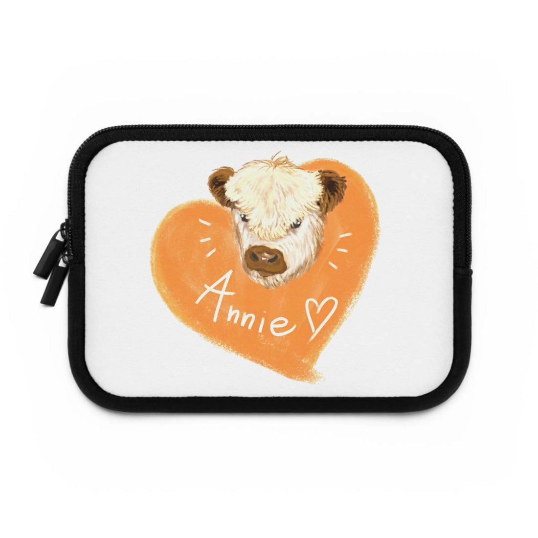 Custom Cow Laptop Sleeve with heart design and personalized name Annie, protective neoprene laptop cover for animal lovers
