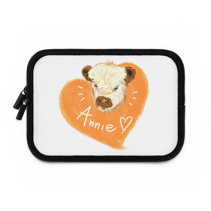 Custom Cow Laptop Sleeve with heart design and personalized name Annie, protective neoprene laptop cover for animal lovers
