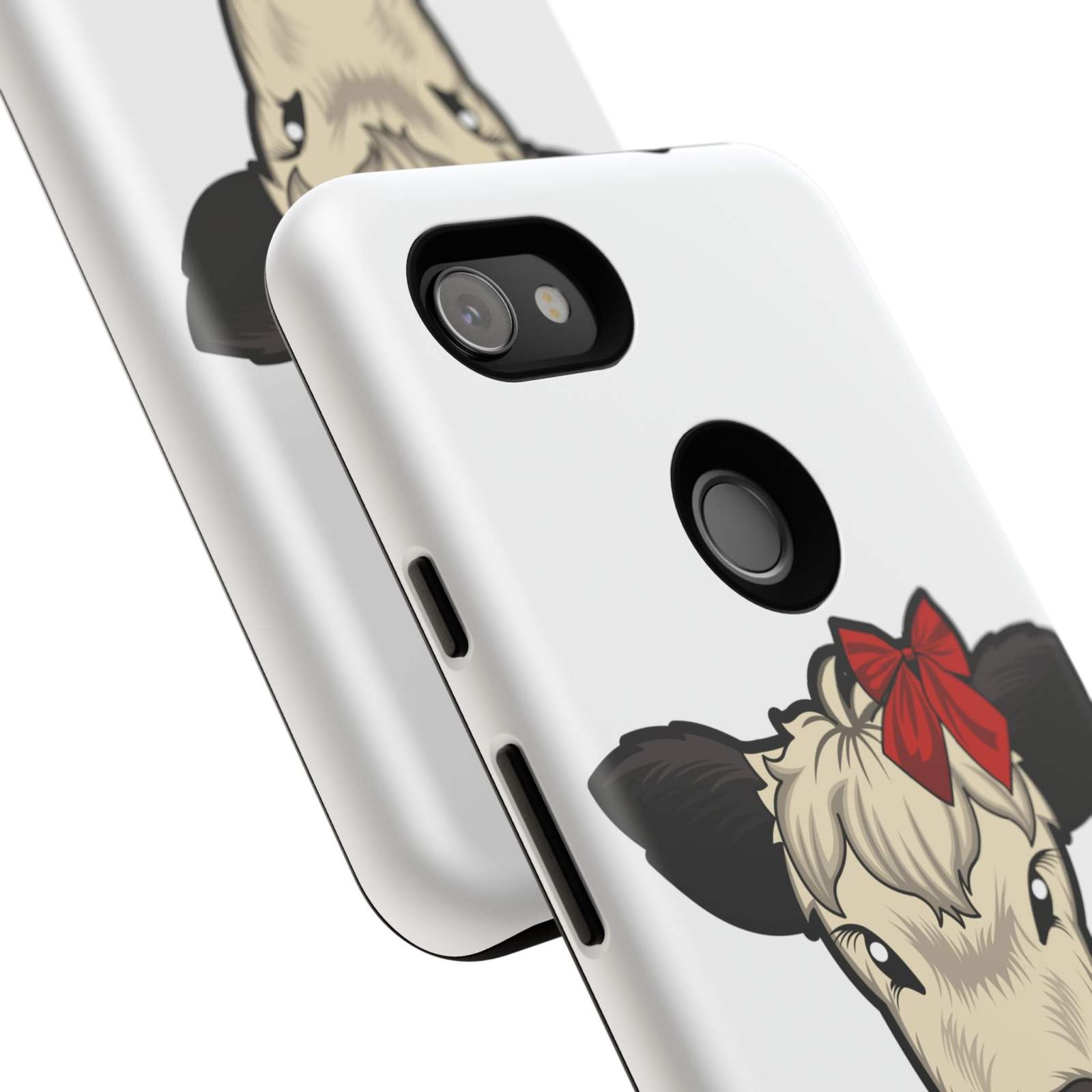 Farmhouse Chic Phone Case with Dolly the Cow design and red bow, rustic charm and modern protection.