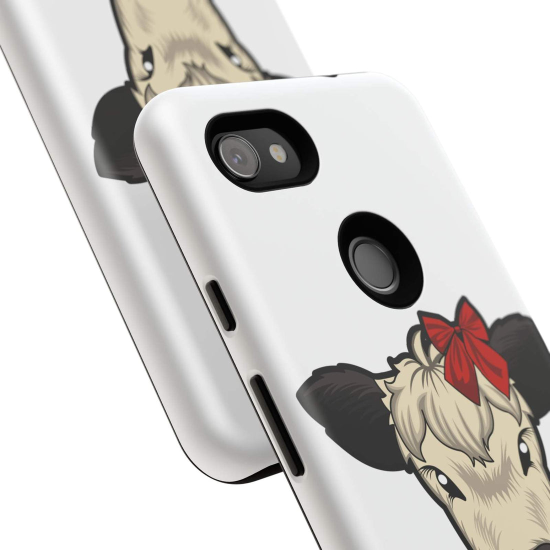 Farmhouse Chic Phone Case with Dolly the Cow design and red bow, rustic charm and modern protection.