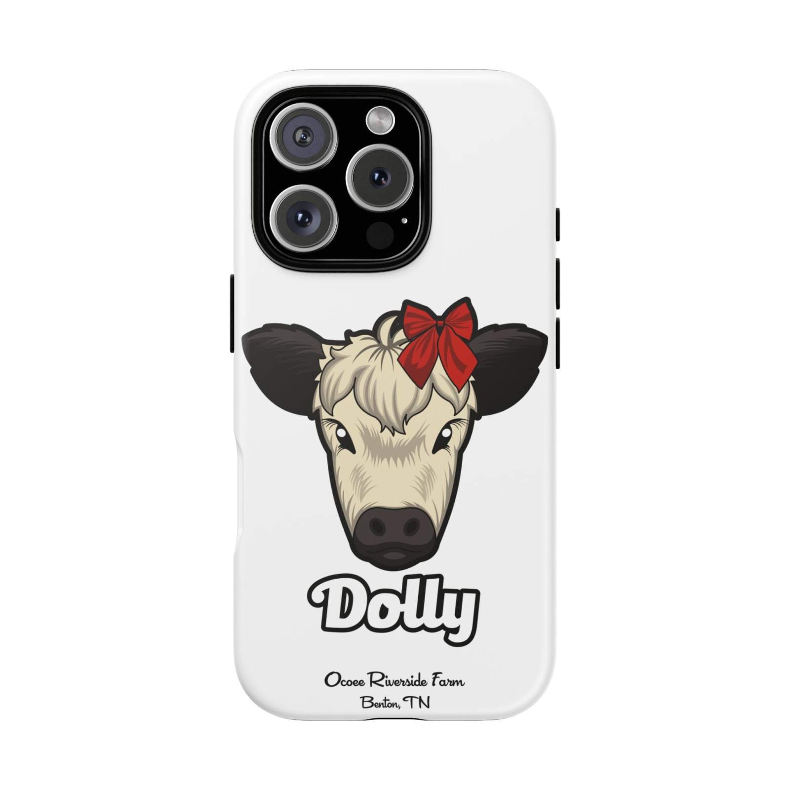 Farmhouse Chic Phone Case with Dolly the red bow cow design, durable and protective with rustic charm