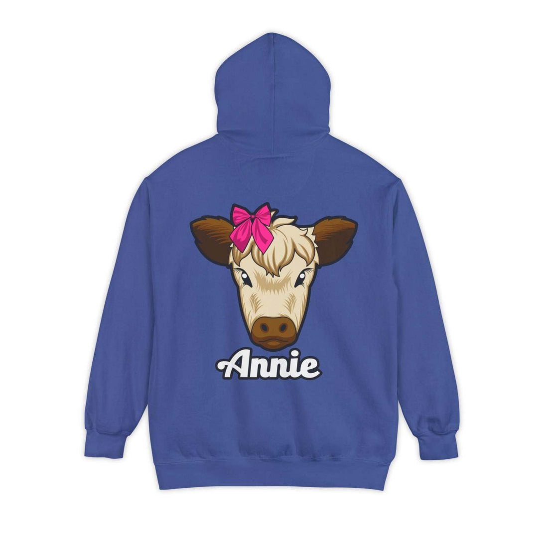 Unisex hoodie with cute cow design and "Annie" text, perfect for farm animal lovers.