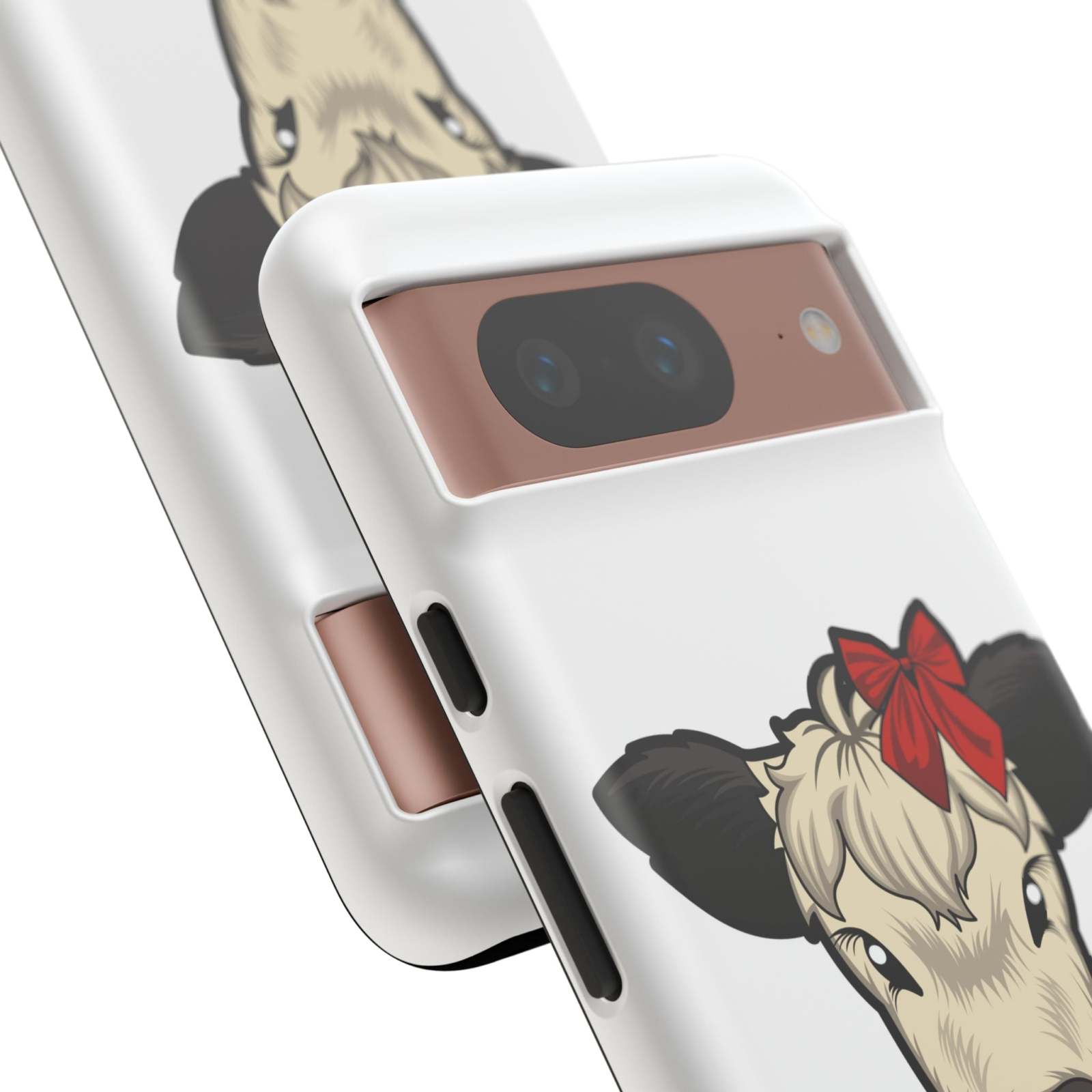 Farmhouse Chic phone case with Dolly the red bow cow design, rustic protective cover.