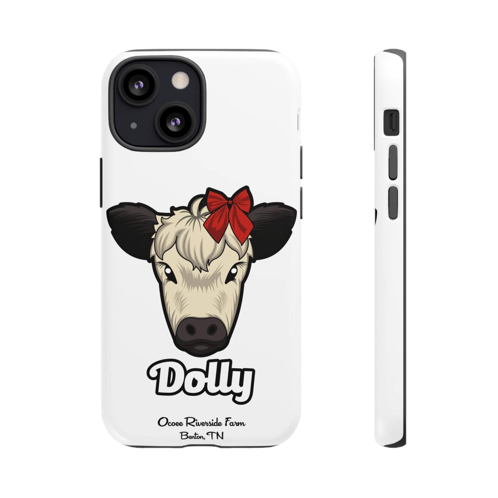 Farmhouse Chic Phone Case featuring Dolly the cow with a red bow, durable and protective design for iPhone.