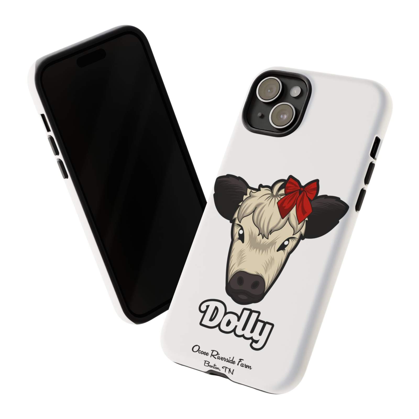 Farmhouse Chic Phone Case featuring Dolly the cow with a red bow, offering rustic charm and modern protection.