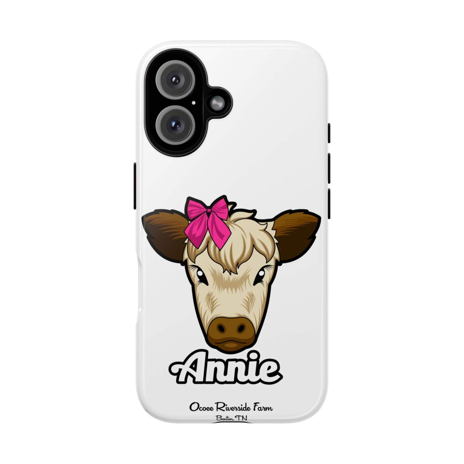 Cute cow phone case with red bow for farm animal lovers, Ocoee Riverside design.