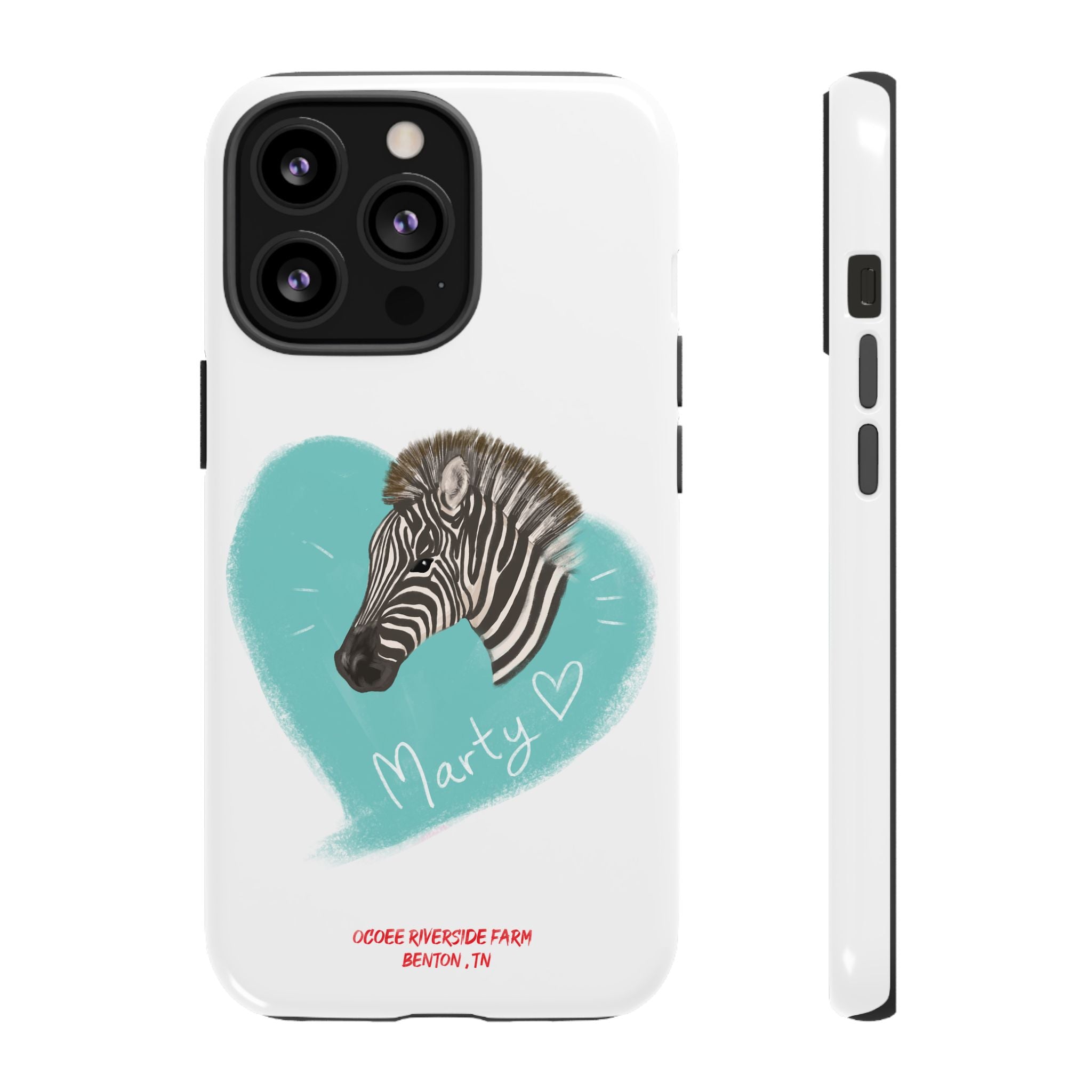 A zebra adorned with the word "Marty" creatively integrated into its stripes at Ocoee Riverside Farm Phone Case