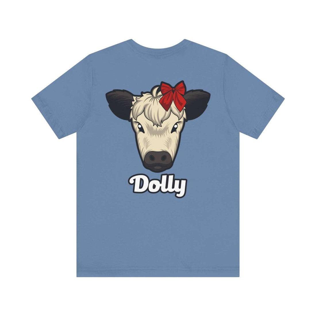 Blue Country Cow Graphic Tee featuring a cow named Dolly with a red bow on the back