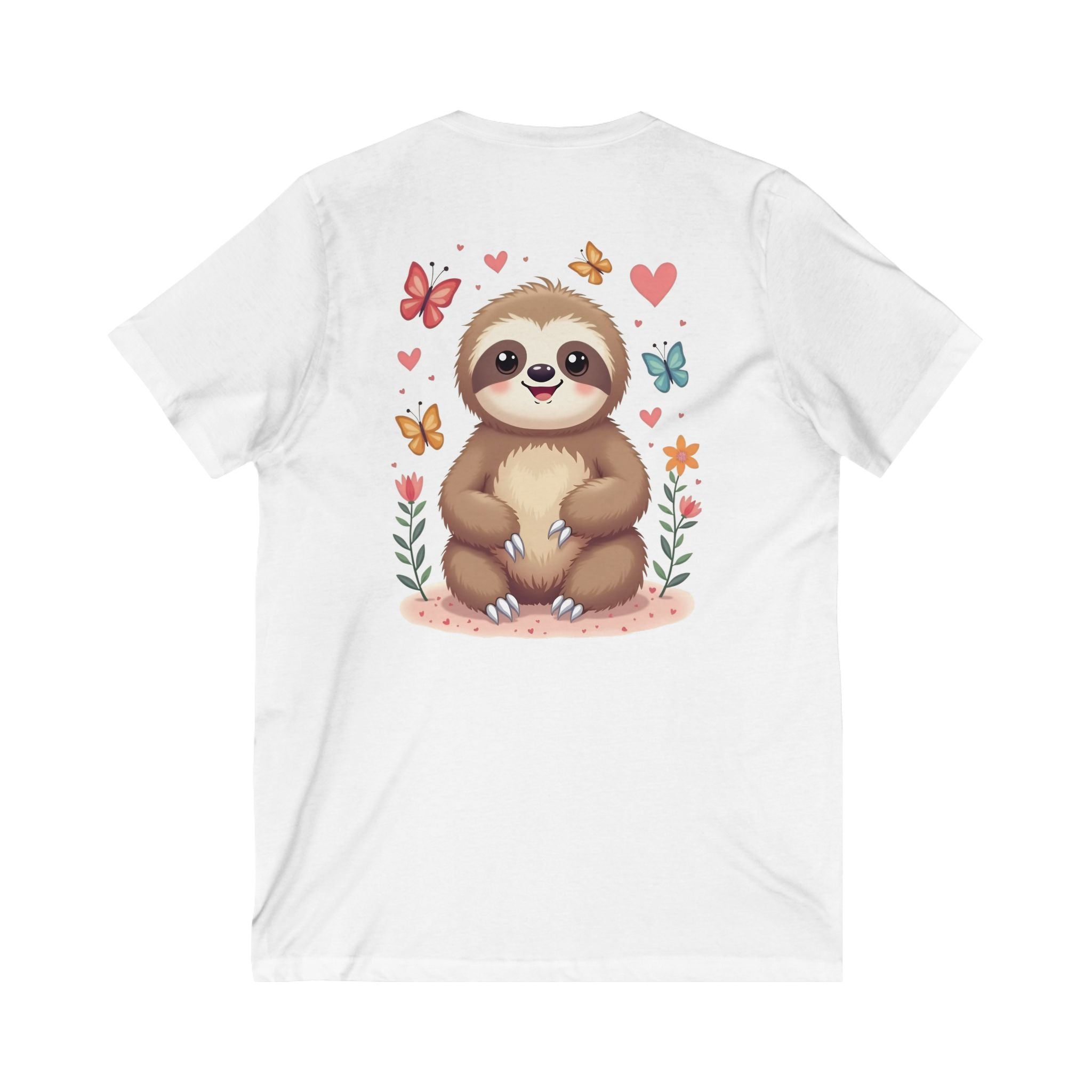 Cute Sloth and Butterfly Unisex V-Neck Tee - Perfect Gift for Nature Lovers