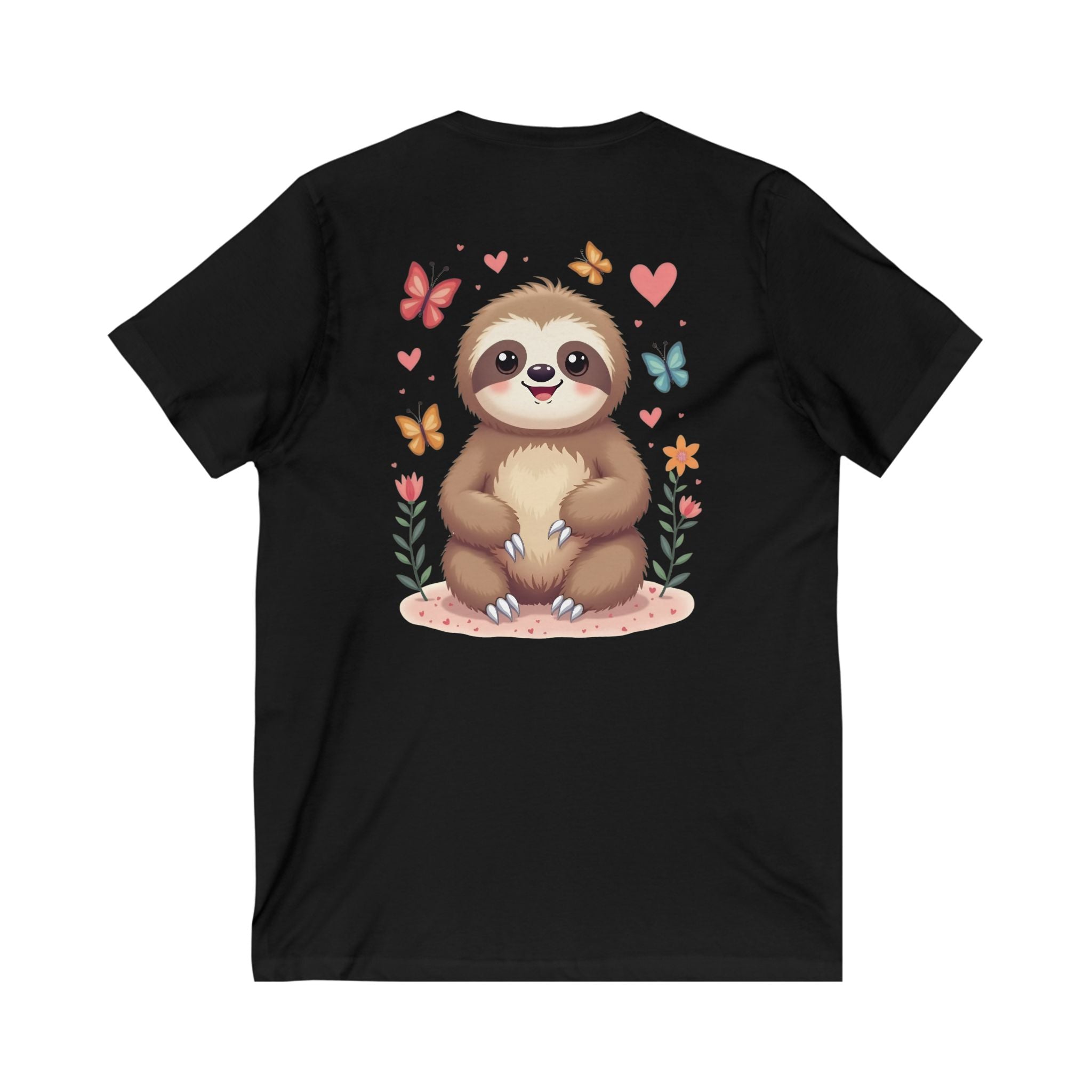 Cute Sloth and Butterfly Unisex V-Neck Tee - Perfect Gift for Nature Lovers
