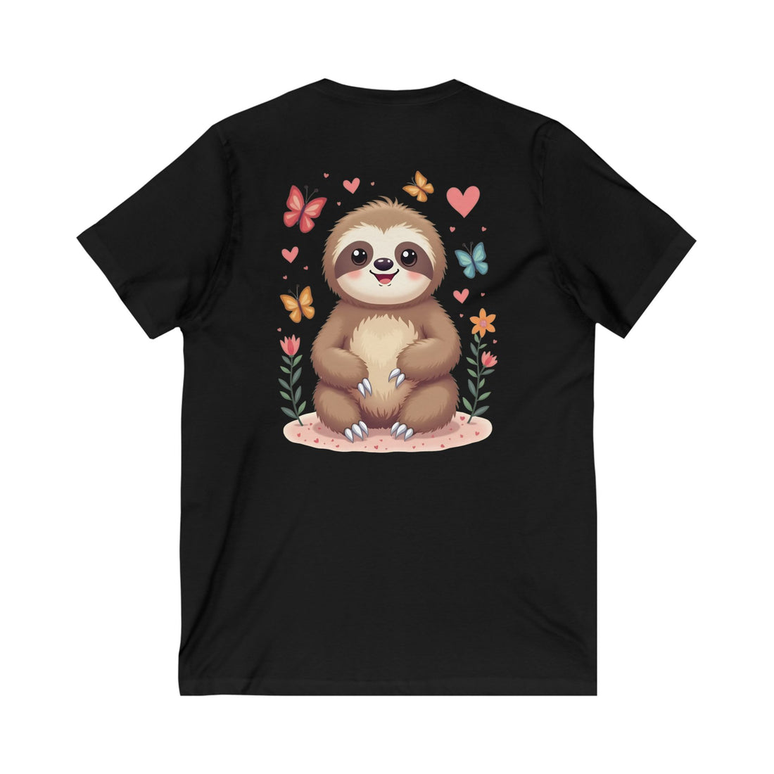 Cute Sloth and Butterfly Unisex V-Neck Tee - Perfect Gift for Nature Lovers