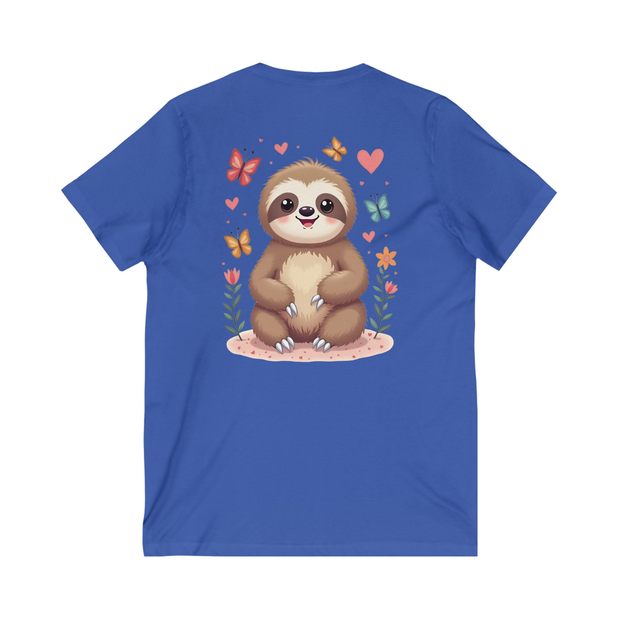 Cute Sloth and Butterfly Unisex V-Neck Tee - Perfect Gift for Nature Lovers