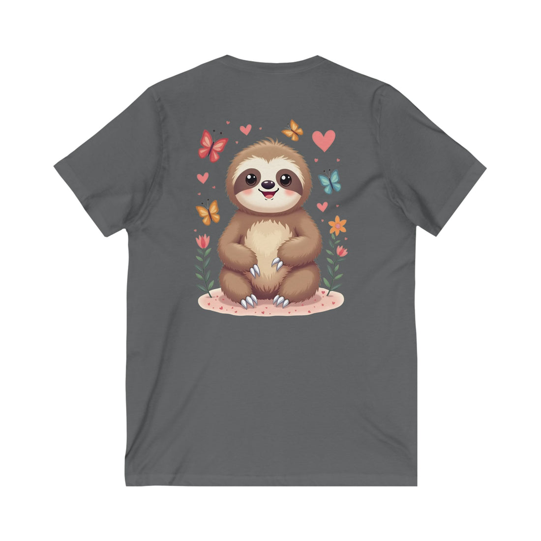 Cute Sloth and Butterfly Unisex V-Neck Tee - Perfect Gift for Nature Lovers
