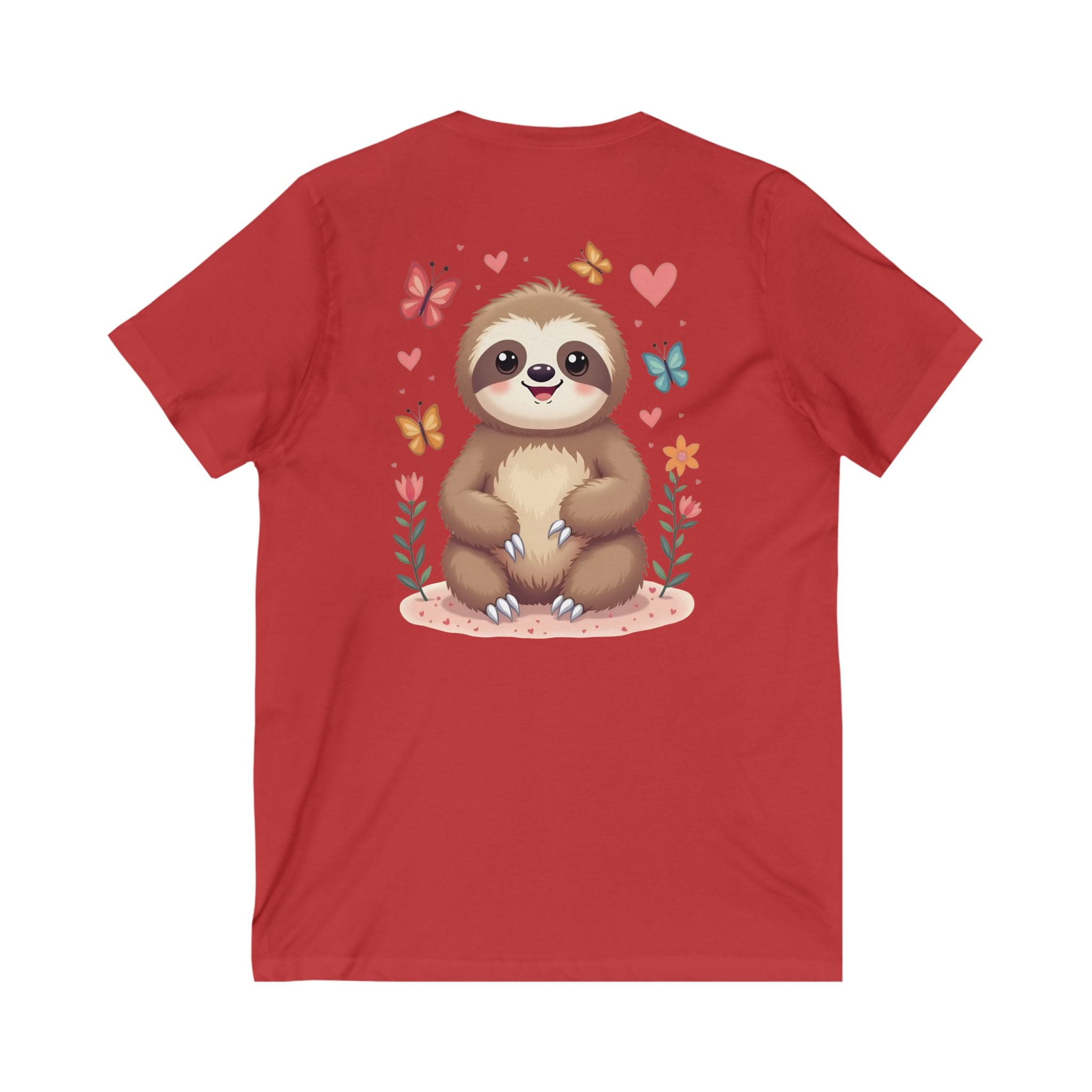 Cute Sloth and Butterfly Unisex V-Neck Tee - Perfect Gift for Nature Lovers