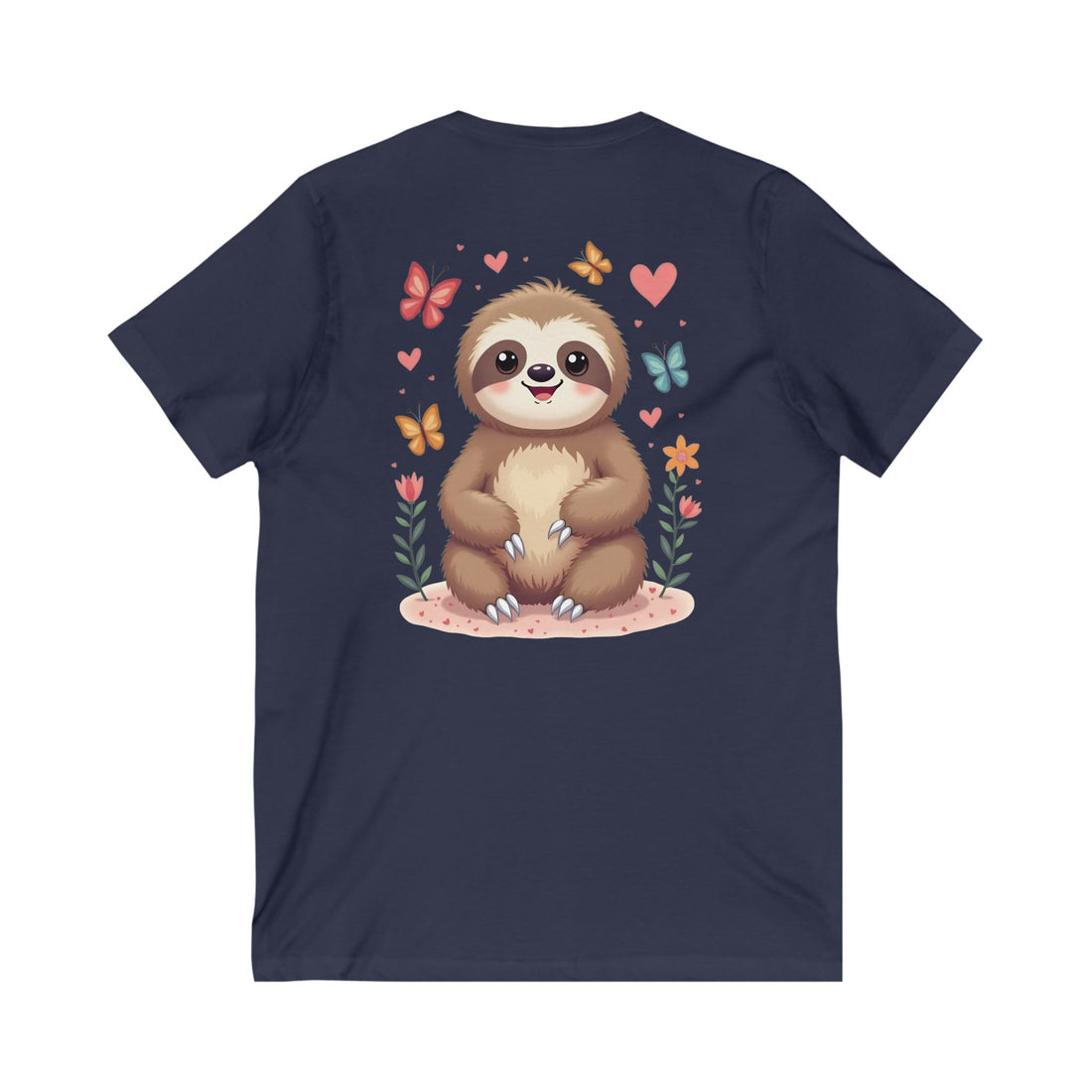 Cute Sloth and Butterfly Unisex V-Neck Tee - Perfect Gift for Nature Lovers