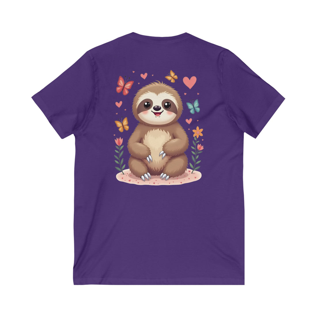 Cute Sloth and Butterfly Unisex V-Neck Tee - Perfect Gift for Nature Lovers