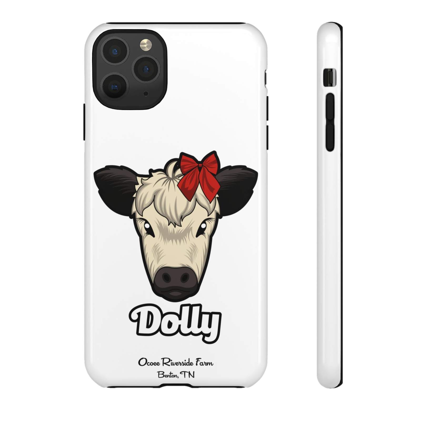 Farmhouse Chic Phone Case featuring Dolly the cow with a red bow and durable protective design