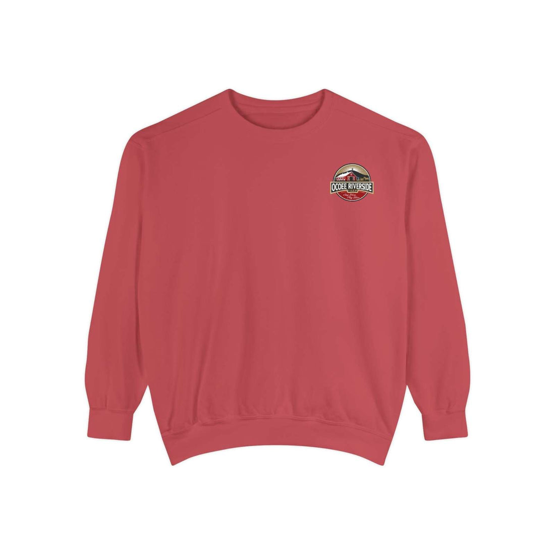 Red Farmhouse Cow Sweatshirt with embroidered chest detail, cozy and stylish for country living.