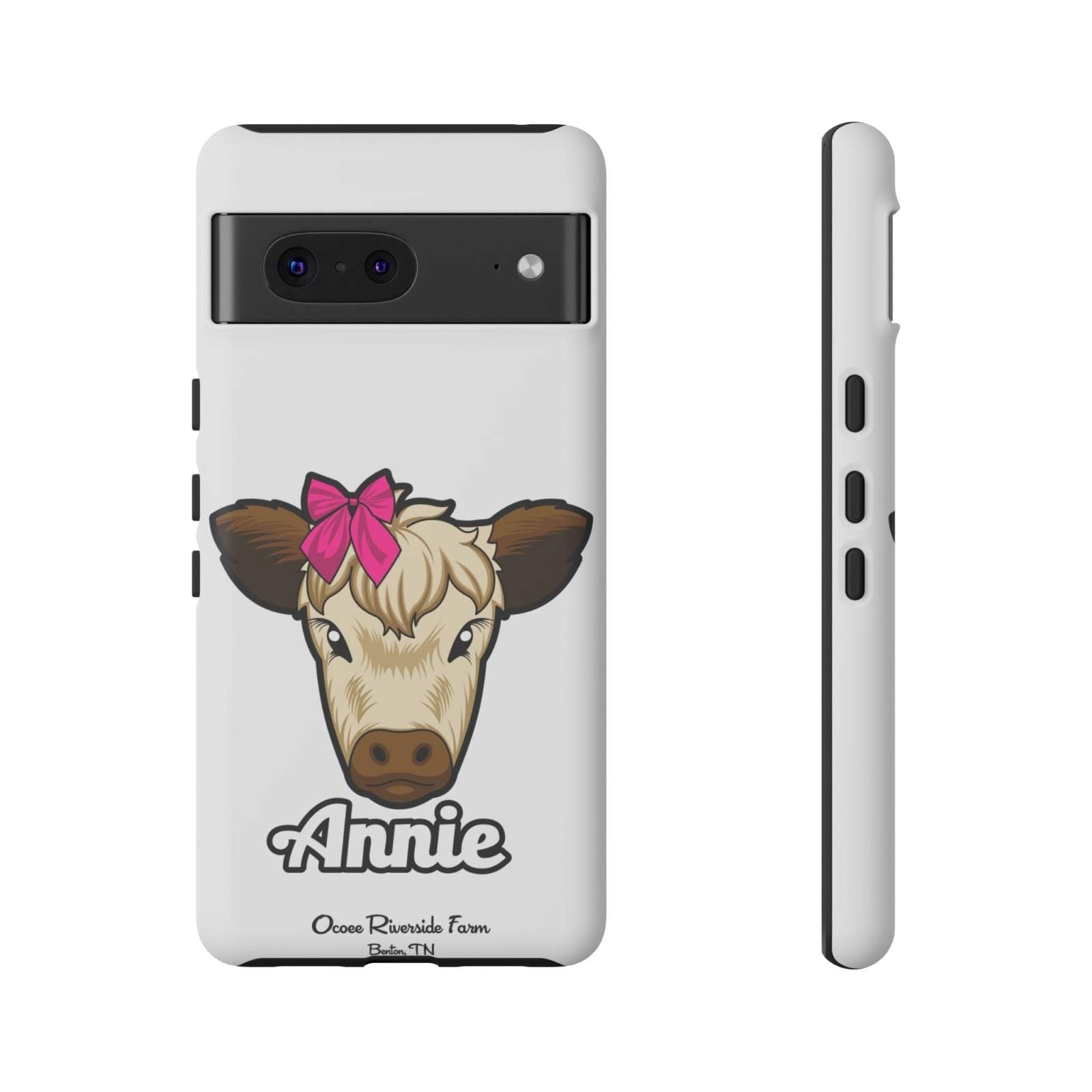Cow phone case with cute farmhouse design and red bow, ideal farm animal lover gift, durable and stylish.
