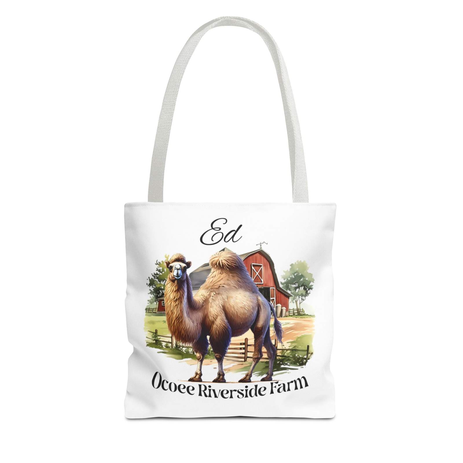 White eco-friendly tote bag with a camel illustration and "Ed Ocoee Riverside Farm" text, durable polyester with reinforced handles.