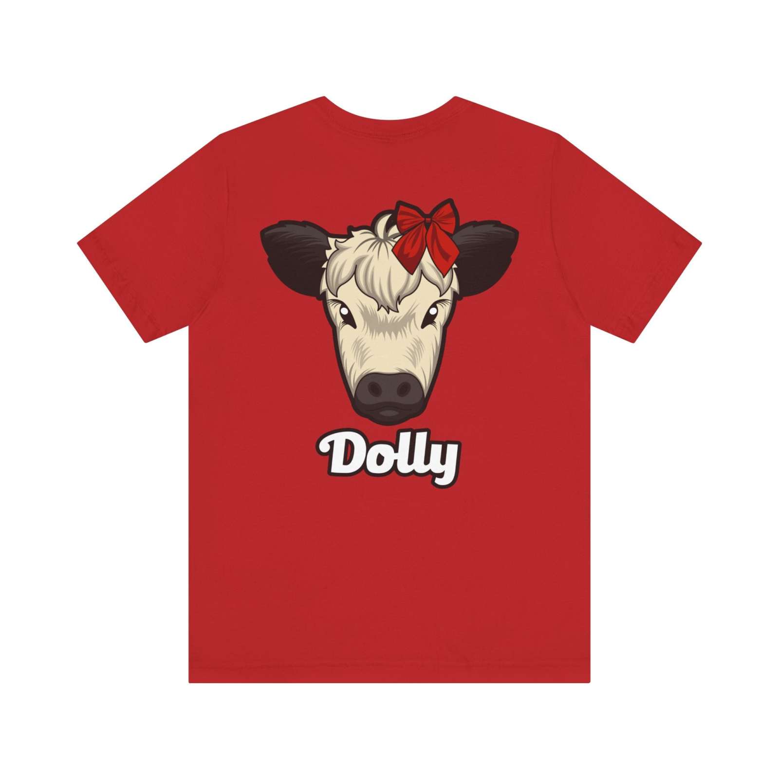 Red Country Cow Graphic Tee with Dolly cow face and charming red bow illustration