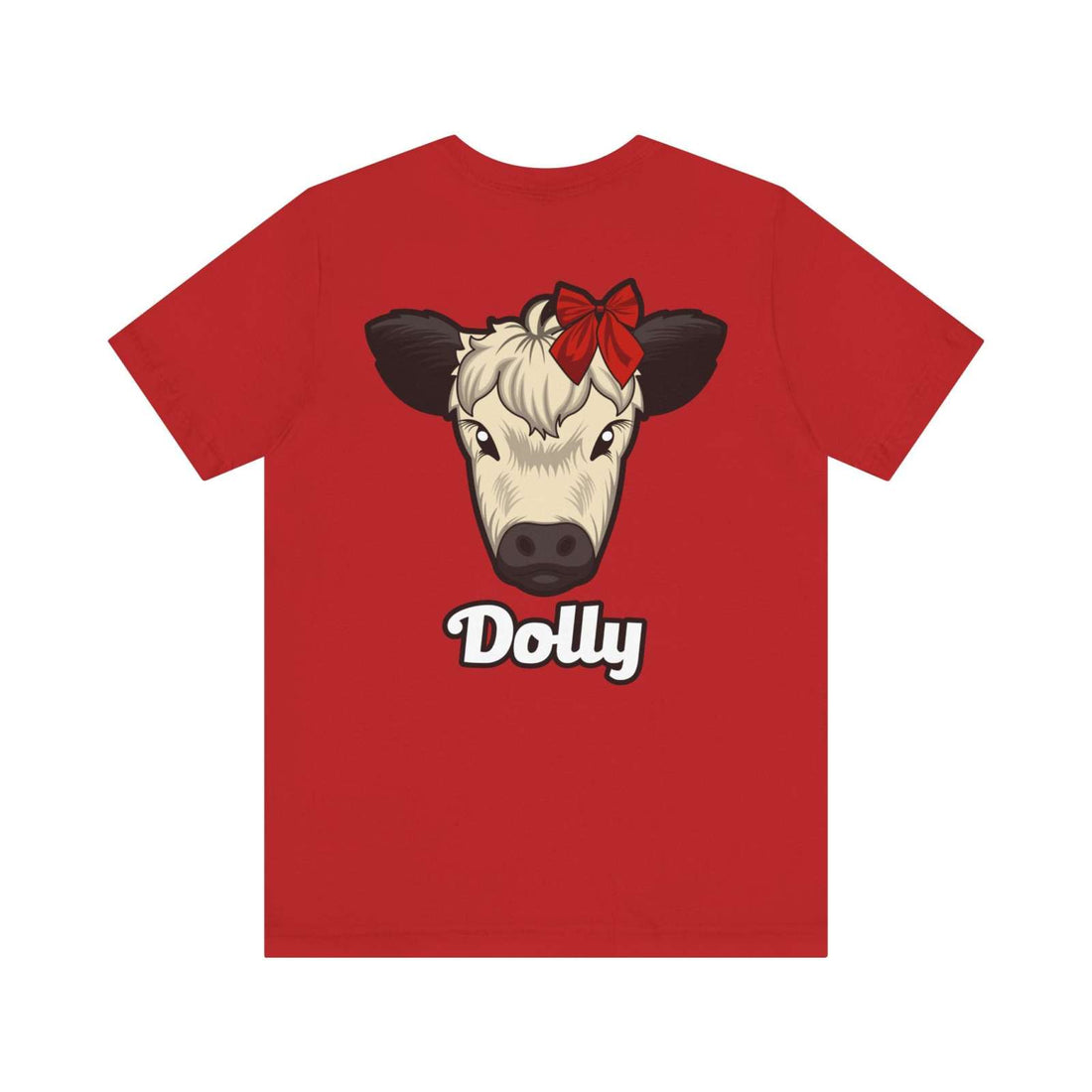 Red Country Cow Graphic Tee with Dolly cow face and charming red bow illustration