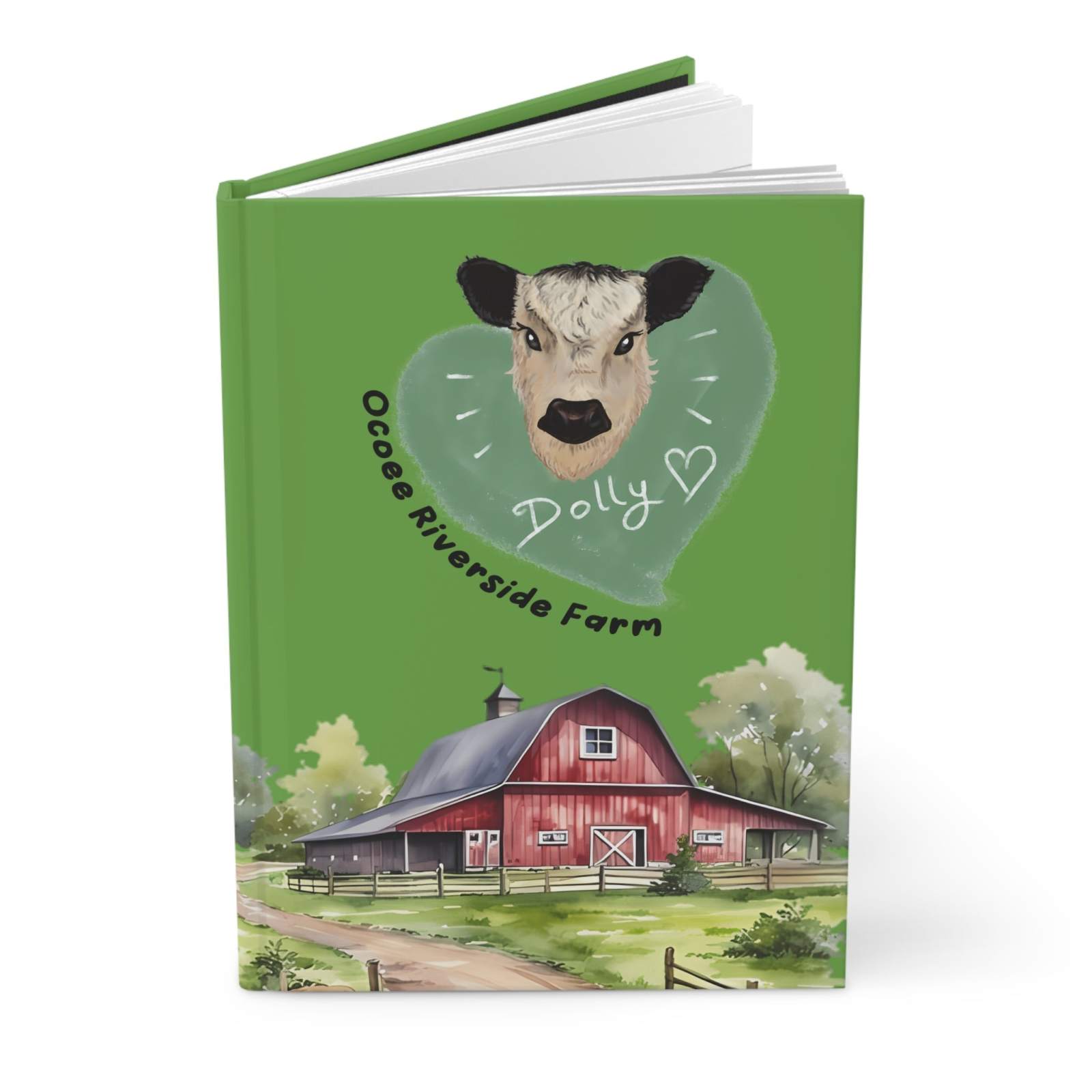 Country Farm-Themed Journal with green hardcover featuring a cow illustration and a red barn, designed for journaling with 150 lined pages and durable matte laminated cover