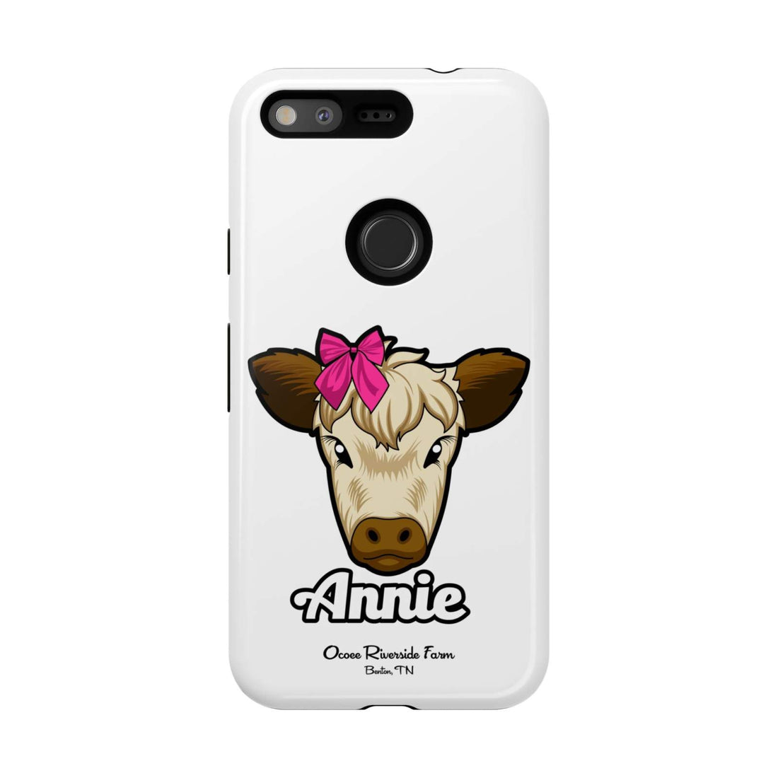 Cute cow phone case with a red bow, "Annie" design, perfect for farm animal lovers.