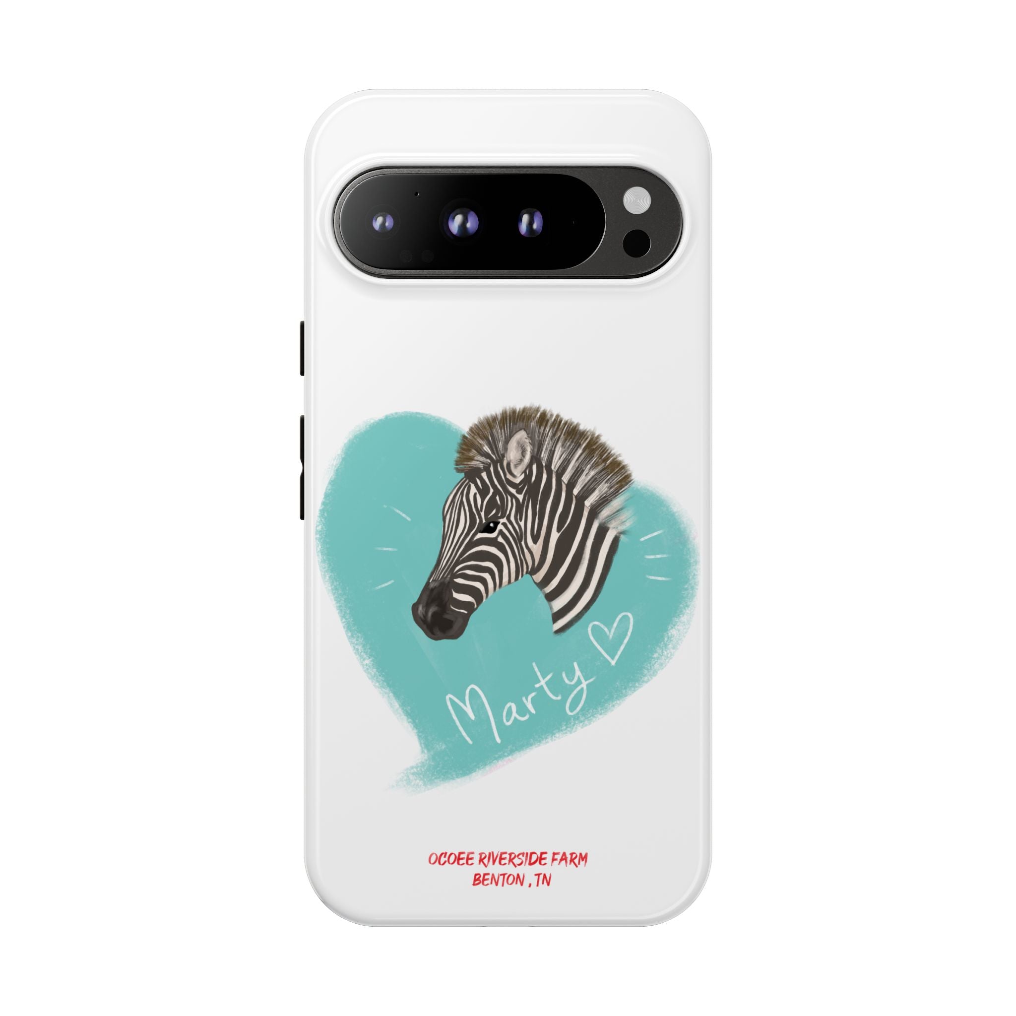 A zebra adorned with the word "Marty" creatively integrated into its stripes at Ocoee Riverside Farm Phone Case