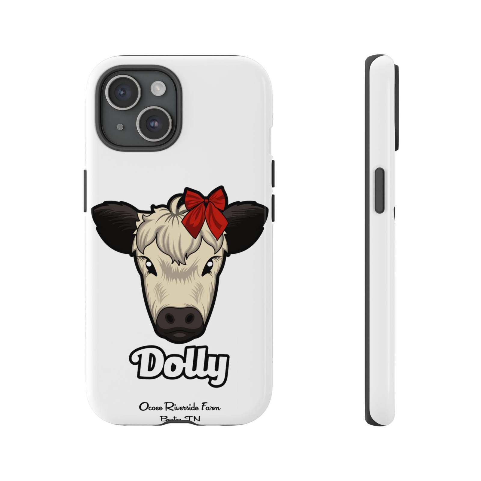 Farmhouse Chic Phone Case featuring Dolly the cow with a red bow, durable and protective design for farmhouse lovers