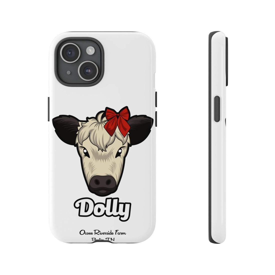 Farmhouse Chic Phone Case featuring Dolly the cow with a red bow, durable and protective design for farmhouse lovers