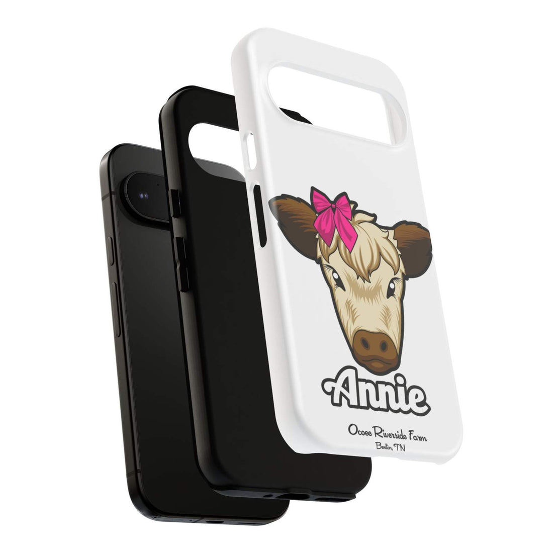 Cute cow phone case with red bow, ideal farm animal lover gift, durable and stylish, supports wireless charging.