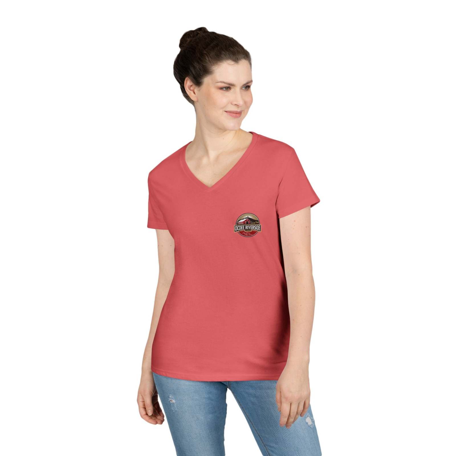 Woman wearing a red Spud Heart Women’s V-Neck Tee with Tennessee farm style logo, paired with jeans