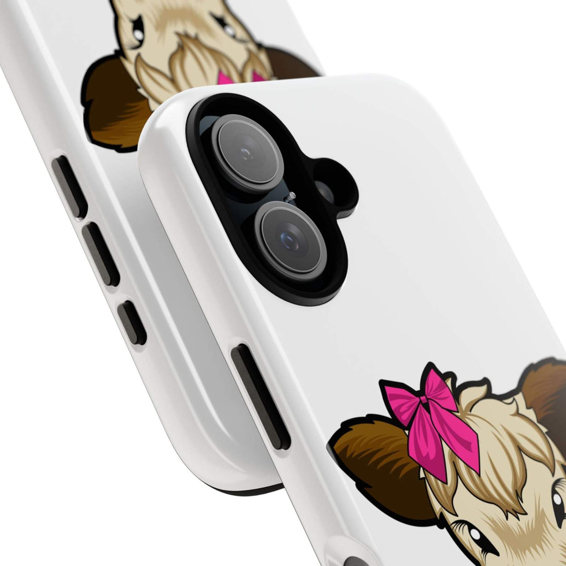 Cute farm-themed phone case with Annie the cow design and red bow, ideal farm animal lover gift.