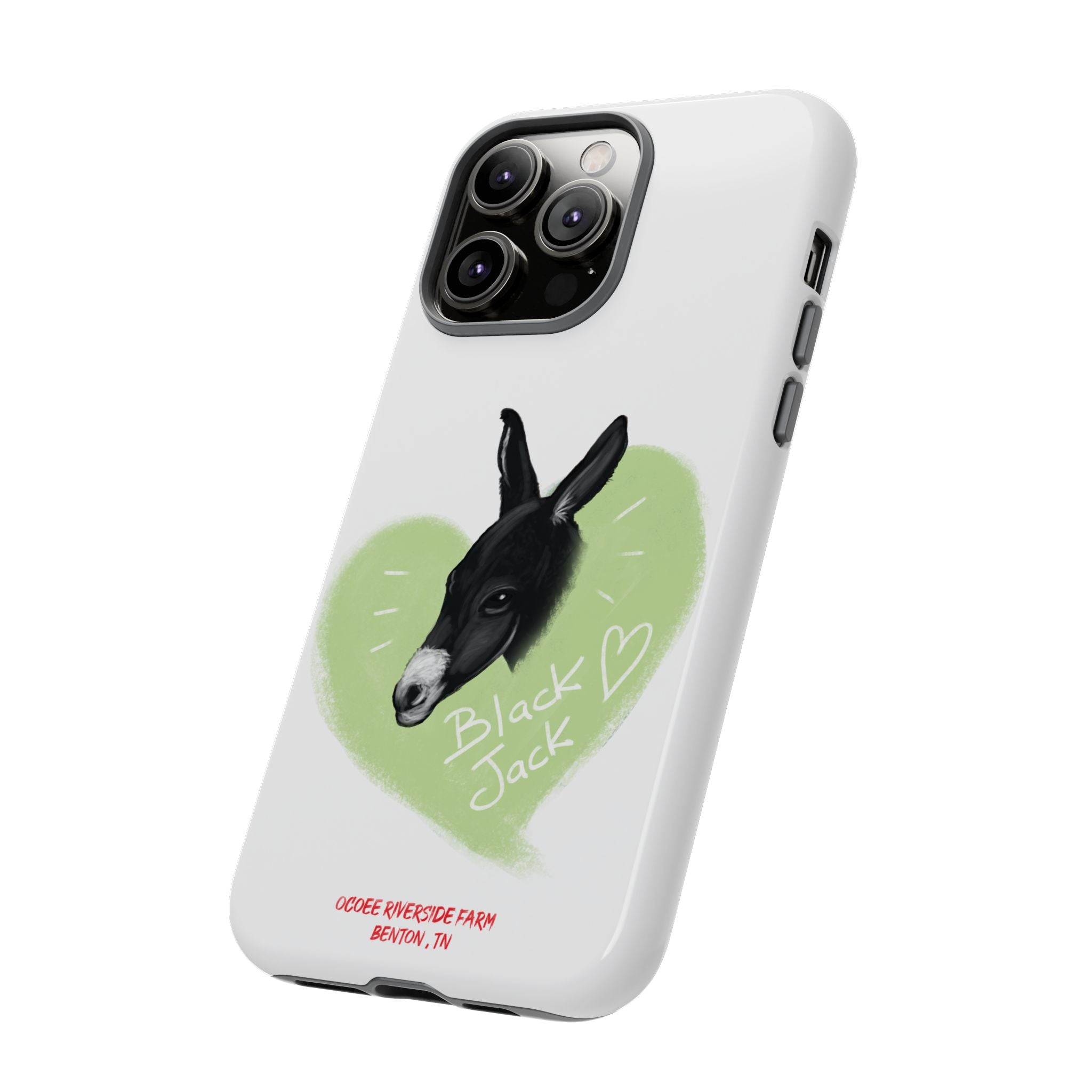 A donkey featuring the words "Black Jack" prominently displayed on its side at Ocoee Riverside Farm Phone Case